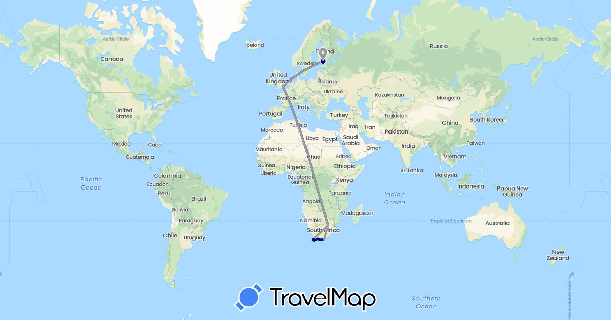 TravelMap itinerary: driving, plane in Finland, United Kingdom, South Africa (Africa, Europe)